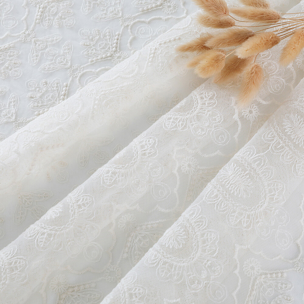 All-Over Cotton Thread Pastoral Cotton Embroidered Fabric for Women's