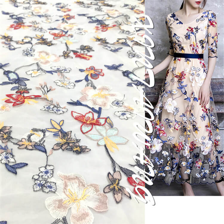 Embroidered Fabric Dress Floral Polyester for Women's Wear Wholesale S