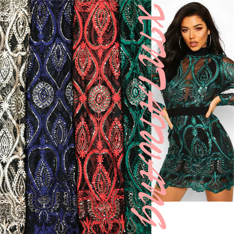 Sequin Evening Women's Polyester Embroidered Fabric for Women's Wear W