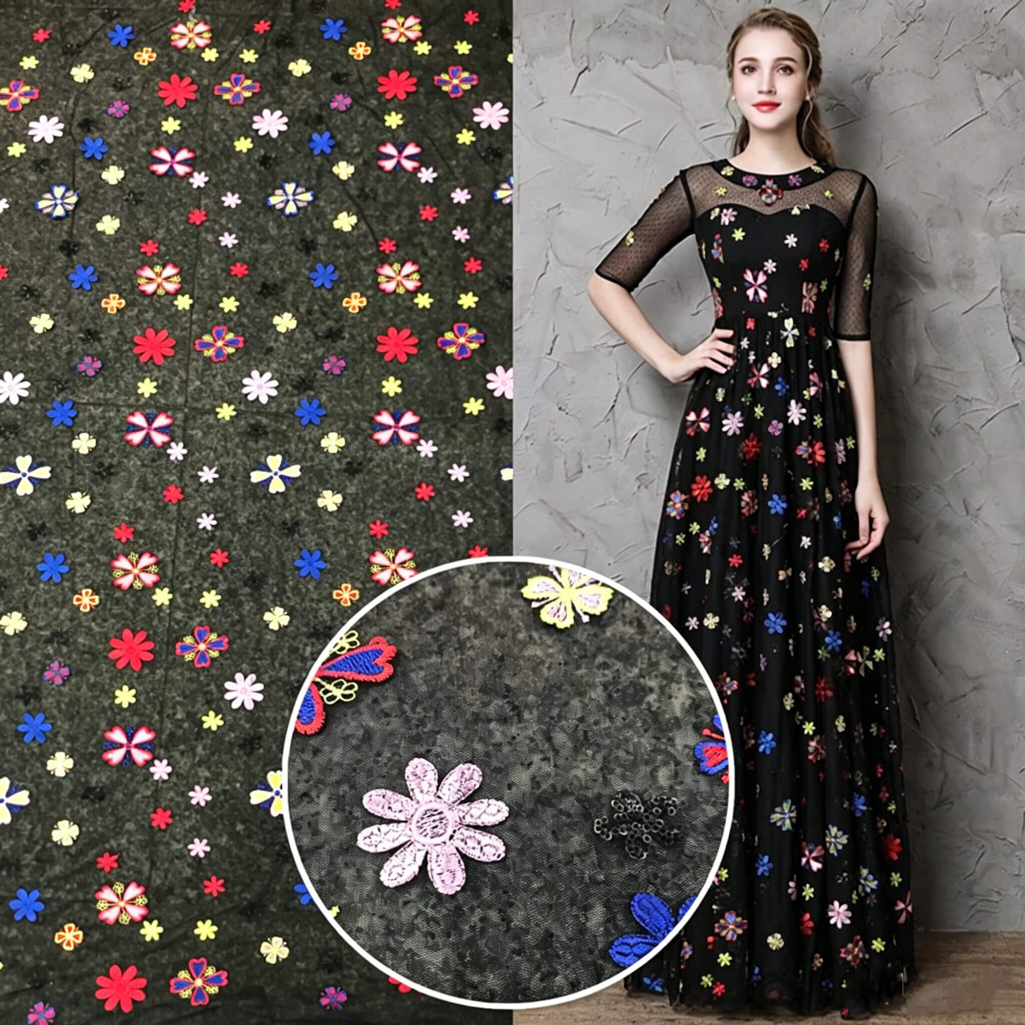 Floral Sequin Evening Polyester Embroidered Fabric for Bridal Wholesal