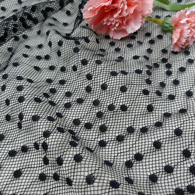 Lace Fabric Polka Dot Black Polyester Warp Knit for Lingerie Wholesale