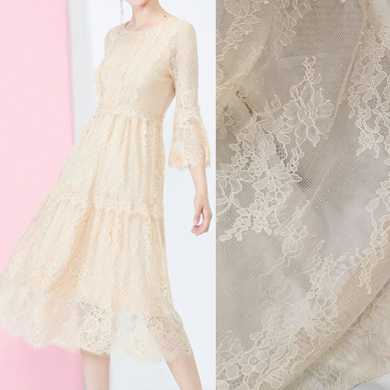 Semi-Sheer Eyelash Placement Lace Fabric for Women's Wear Wholesale Su