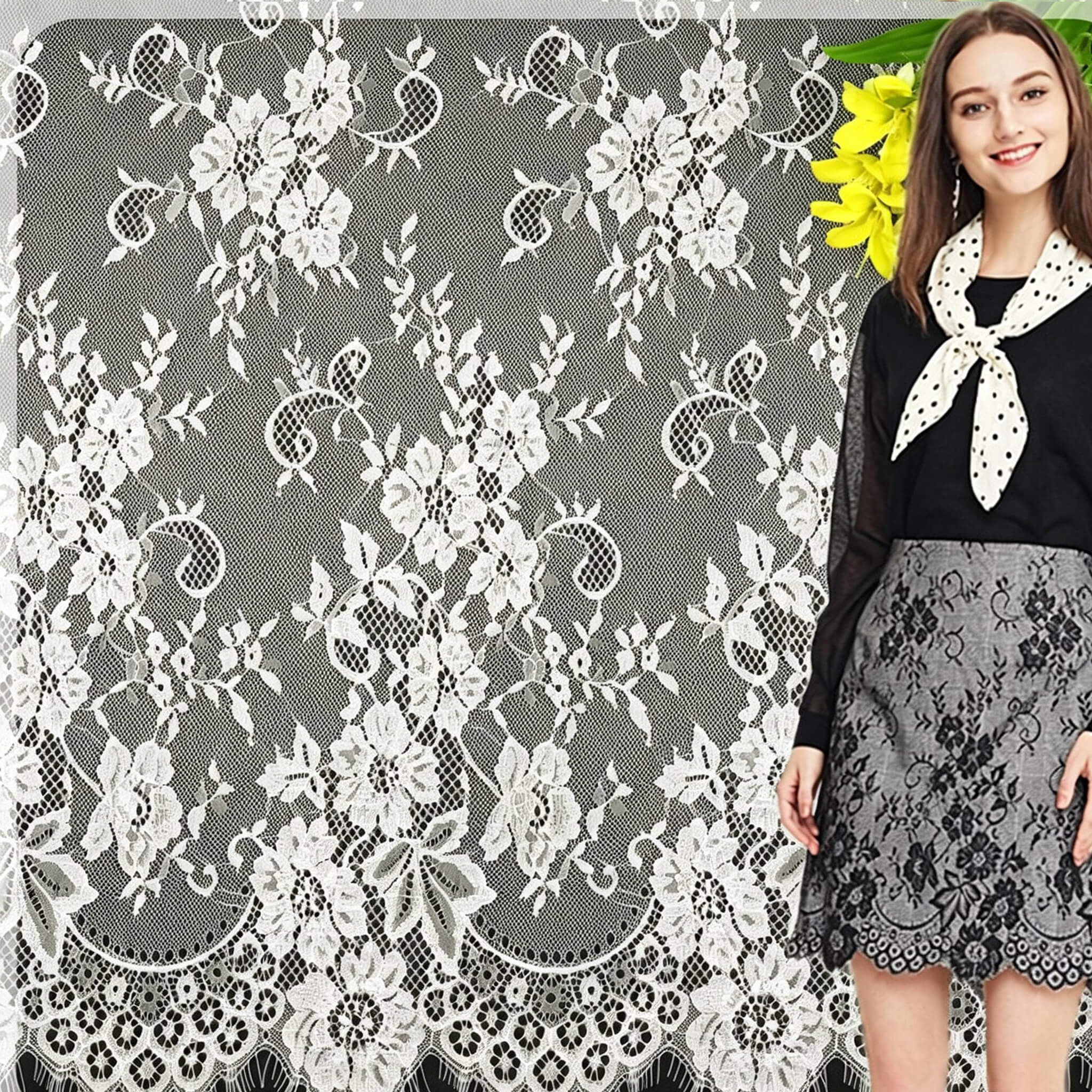 Lace Trim Eyelash Cutwork Polyester Lace Fabric for Apparel Wholesale