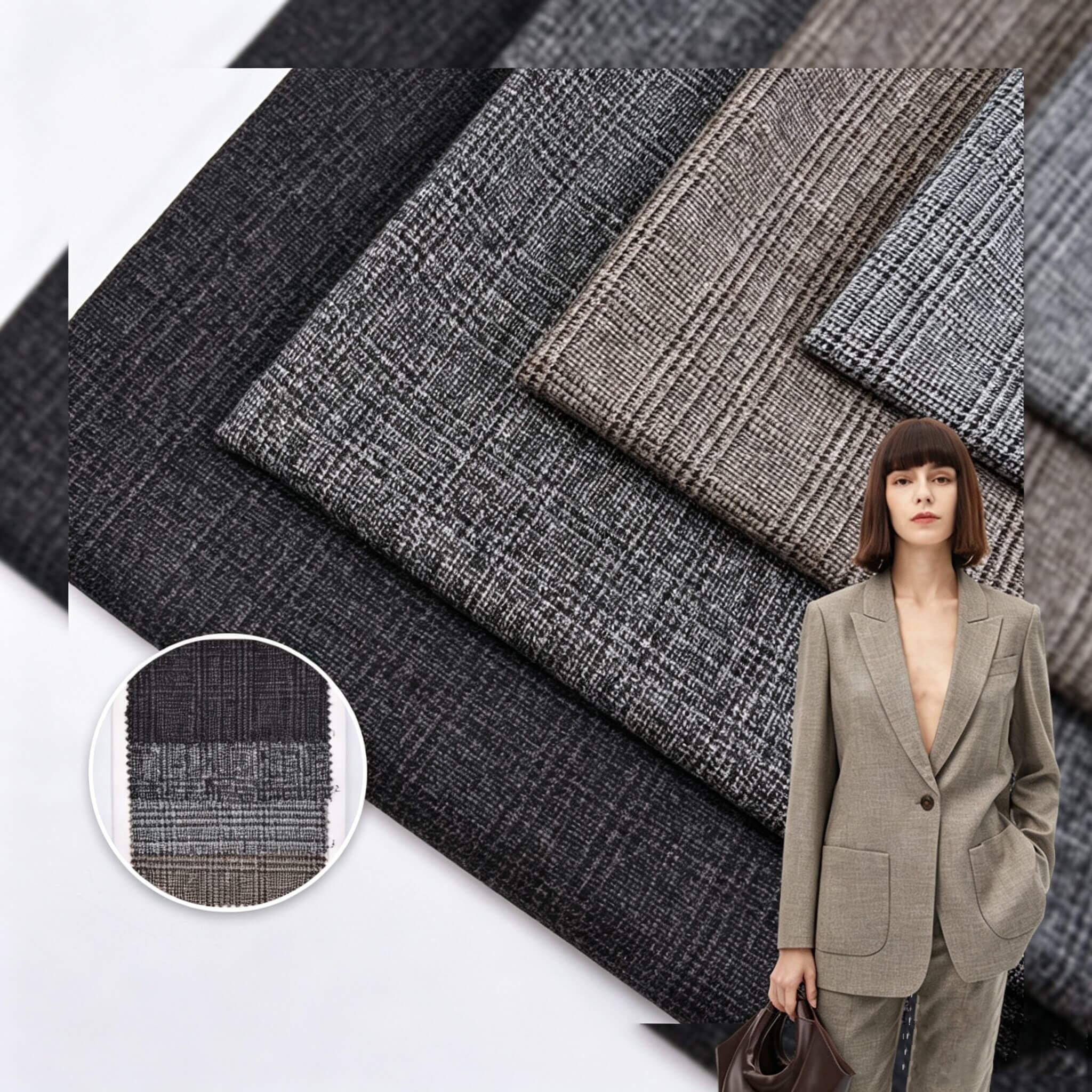288g Plaid Bird Polyester Viscose Blend Woven Fabric for Trench Coat W
