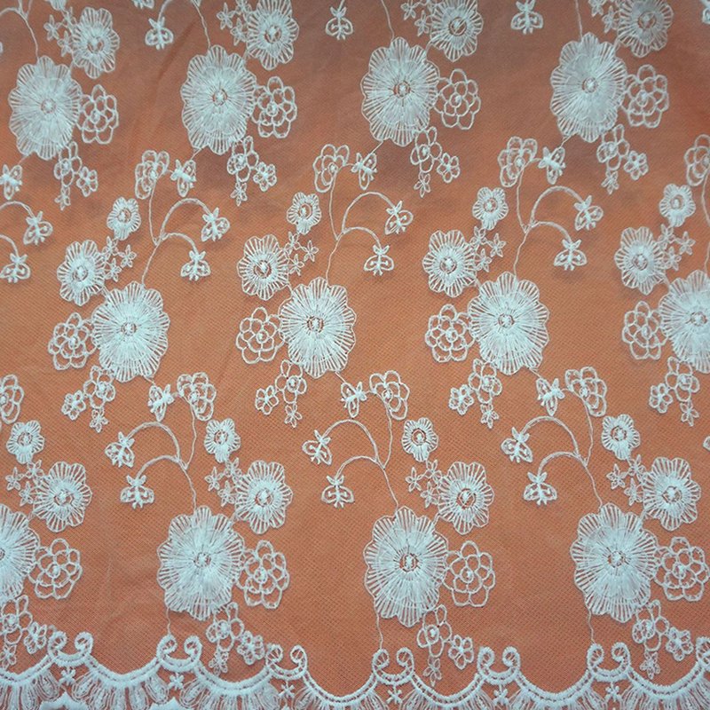 Lace Trim Embroidered Fabric Milk Silk Polyester Sequin Fabric for App