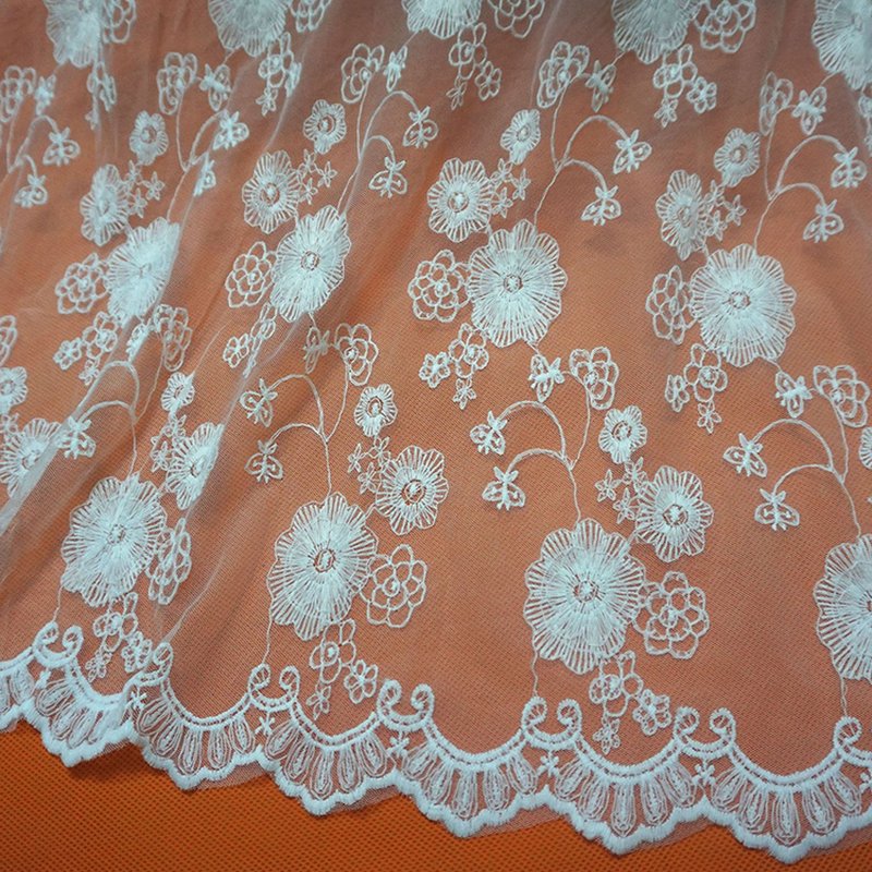 Lace Trim Embroidered Fabric Milk Silk Polyester Sequin Fabric for App
