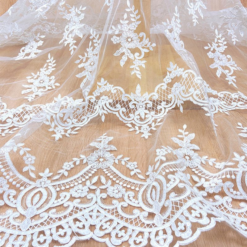 Lace Trim Embroidered Fabric Water Soluble Polyester Sequin Fabric for