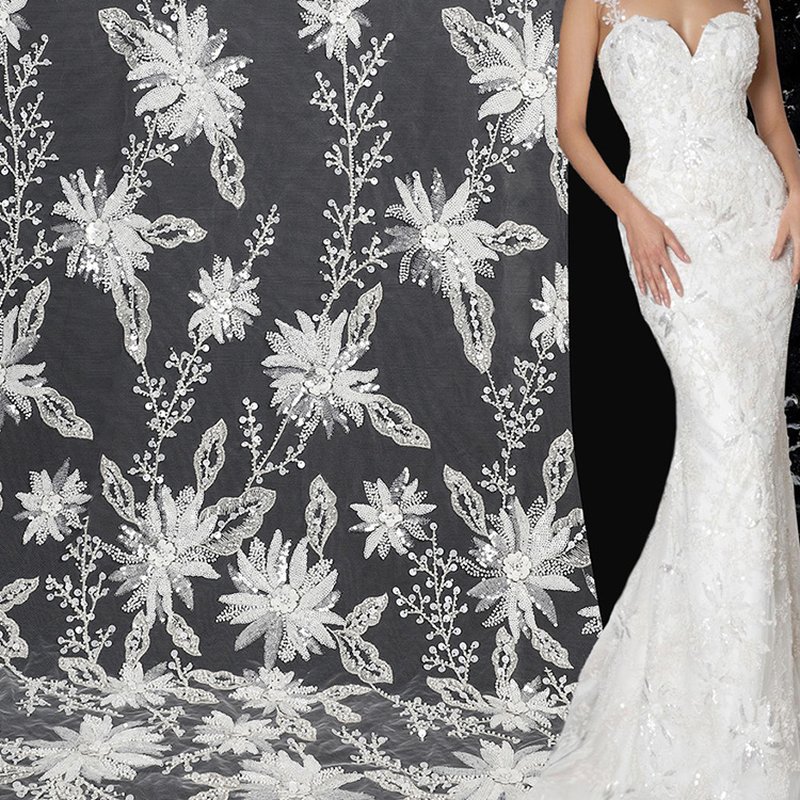 Lace Fabric Dress Large Floral Polyester Warp Knit Sequin Fabric for W